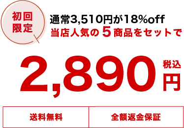 初回限定！当店人気の５商品をセットで税込2,890円（送料無料、全額返金保証）